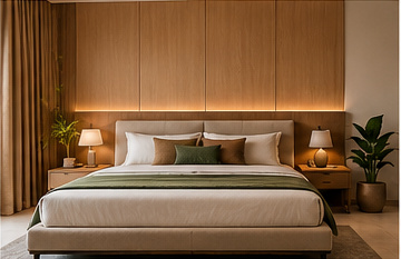 Bedroom inspiration with a wood headboard and warm bedside lamps