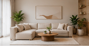 Minimal living room inspiration with a cream sofa and round pendant