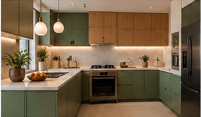 Modular kitchen inspiration with sage cabinets and wood uppers